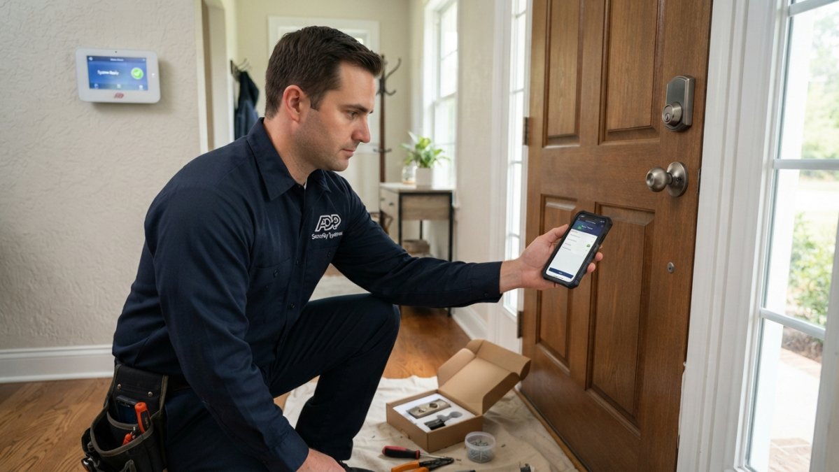 A security technician in a branded uniform kneeling at a front door, using a smartphone to configure a smart deadbolt while a wall-mounted alarm panel is visible in the background of a well-lit home entryway