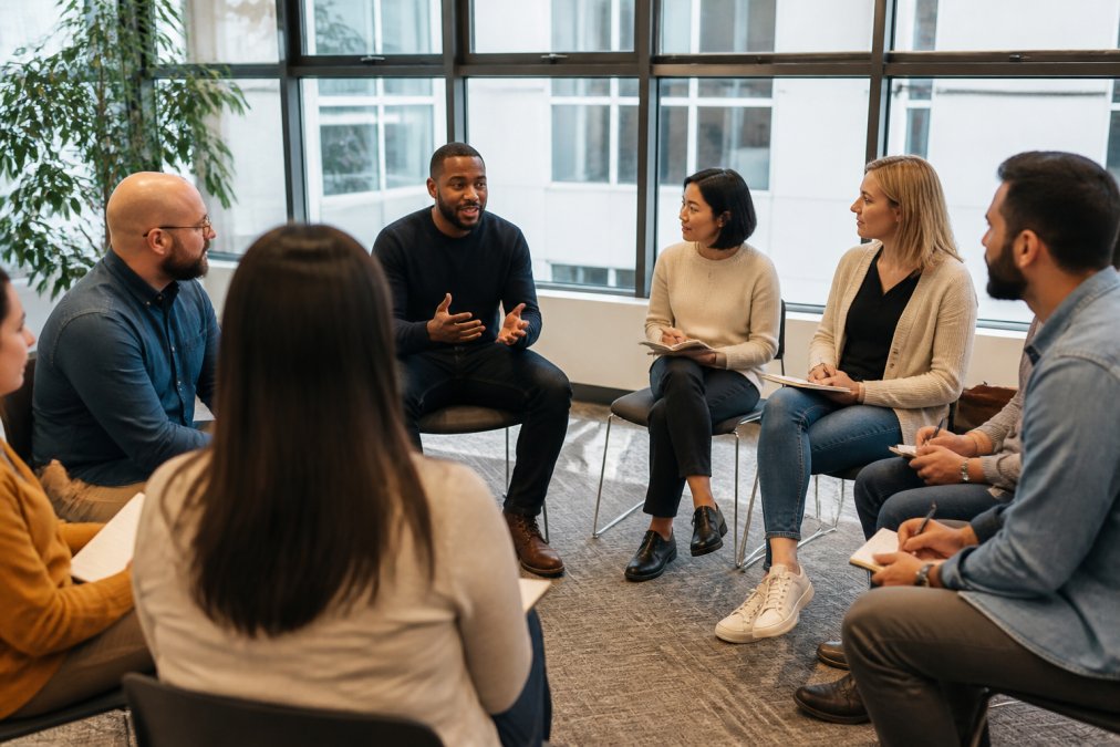 Diverse group of employees seated in a circle during a team workshop, one person speaking while others listen and take notes, bright modern conference room with natural light