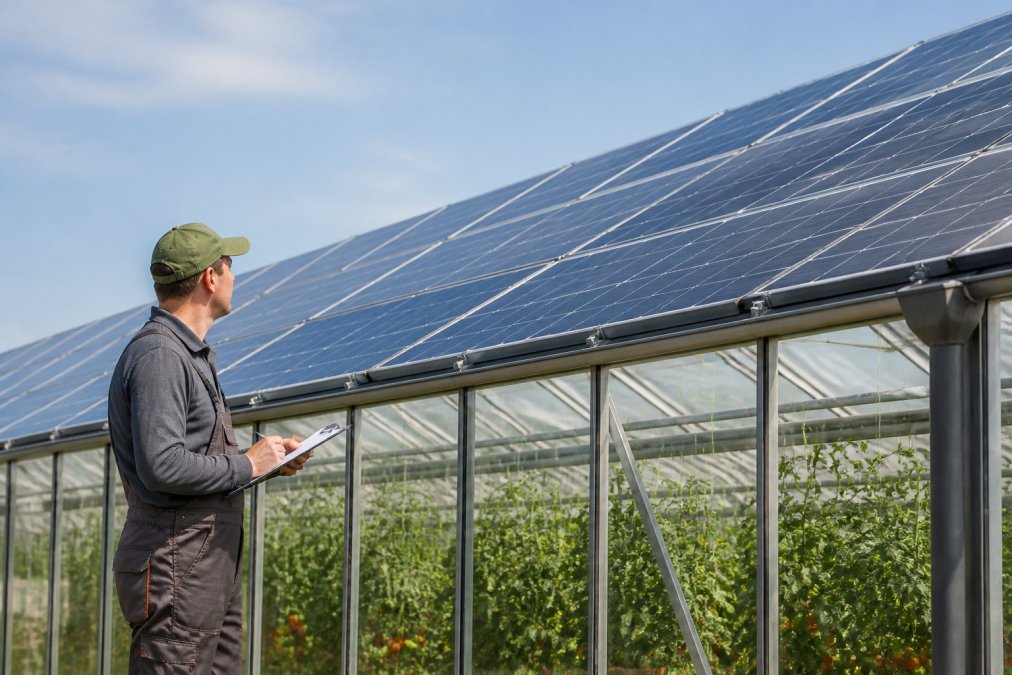 Grower inspecting solar panels on a greenhouse roof while integrating solar power into greenhouse operations