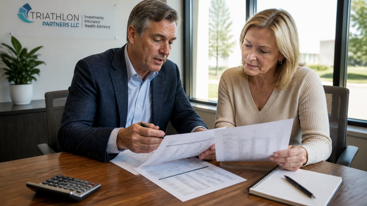Financial advisor and client reviewing account statements for tax planning at a wooden conference table