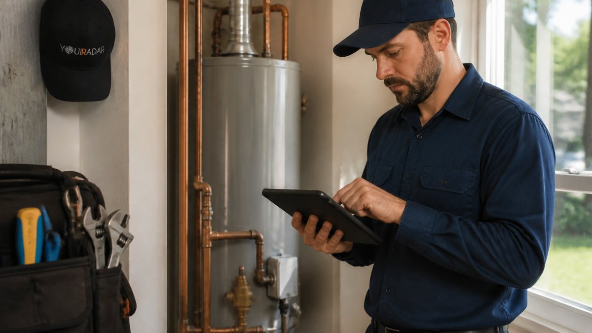 Plumbing technician on residential jobsite reviewing work order details on tablet while standing near water heater and copper pipes, natural daylight from window