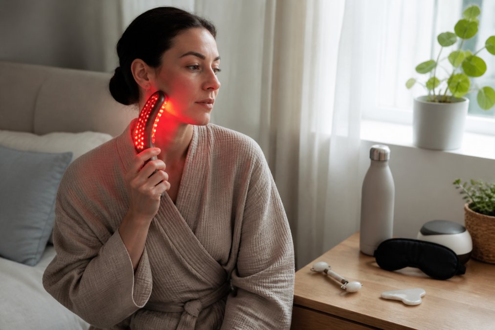 Person in calm bedroom environment using a portable red light therapy wand during morning routine, with wireless sleep mask and wellness gadgets visible on nightstand in soft natural light