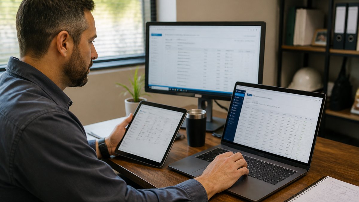 Field service manager at a desk reviewing work orders on a laptop while holding a tablet, with accounting software displayed on a second monitor in the background