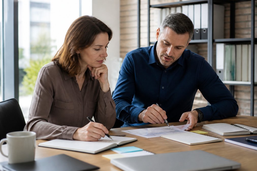 Une responsable RH et un responsable formation examinent ensemble un tableau de bord de compétences sur un écran d'ordinateur, dans un bureau moderne et lumineux, avec des notes manuscrites et des documents sur le bureau