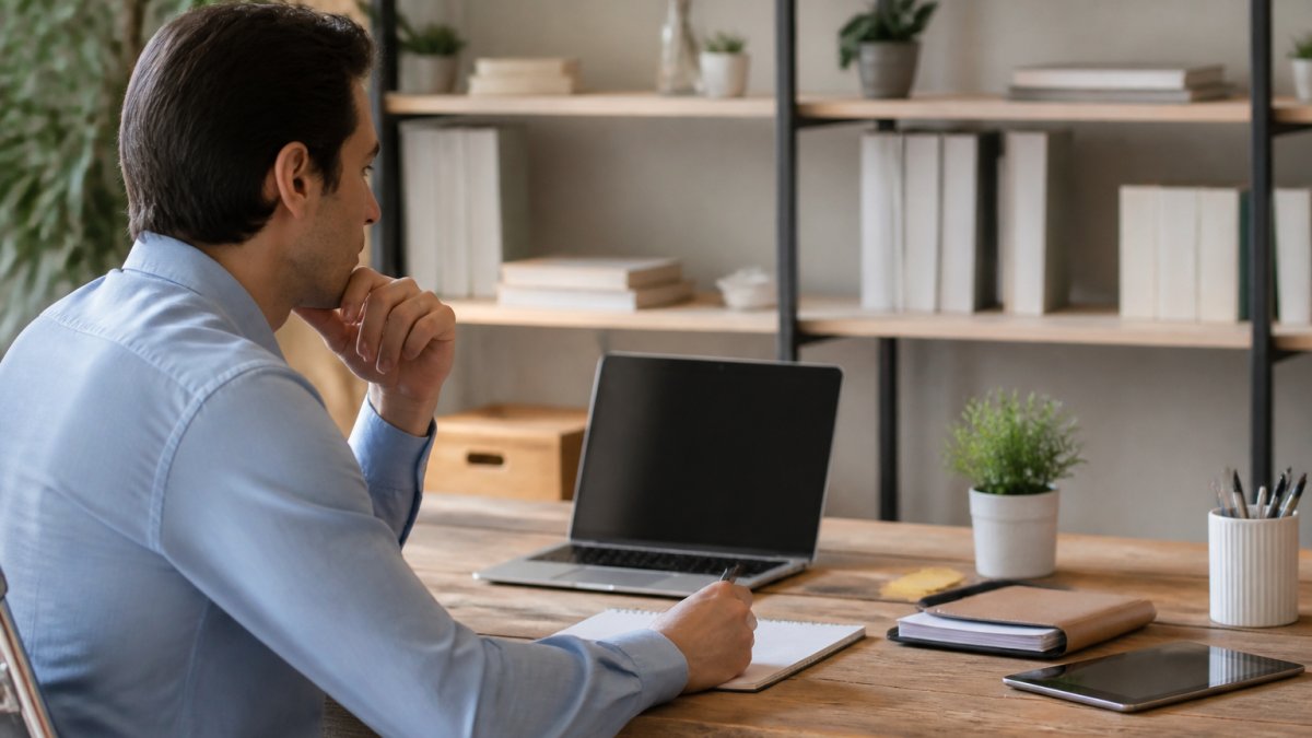 Coach assis à son bureau devant un écran d'ordinateur, visualisant un tableau de bord de gestion avec plusieurs outils connectés, environnement de bureau moderne et lumineux