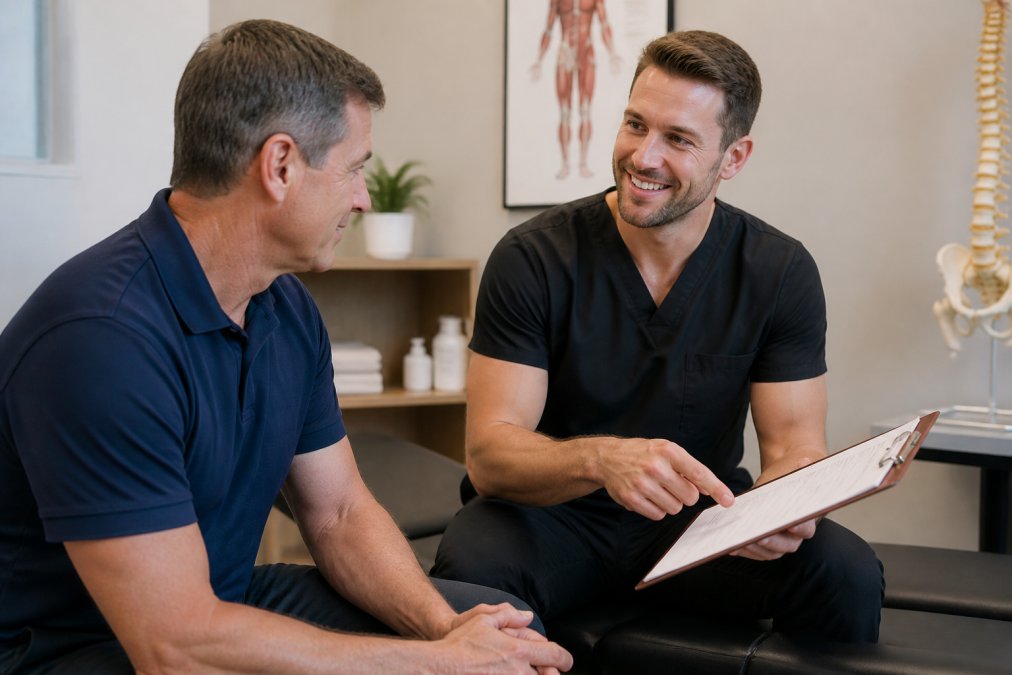 Chiropractor reviewing a treatment plan and chiropractic care cost with a smiling patient in a bright office