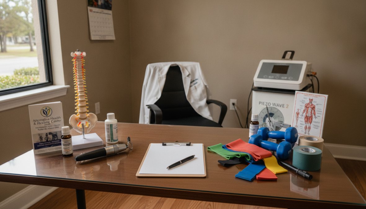 Patient consulting with healthcare practitioner in clinical setting, reviewing treatment options and discussing pain management strategies with anatomical models visible