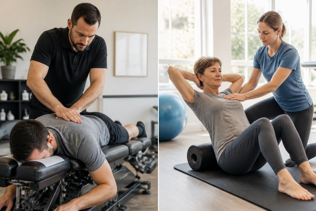Physical therapist working with patient on spinal mobility exercises in bright clinical setting with natural light streaming through windows