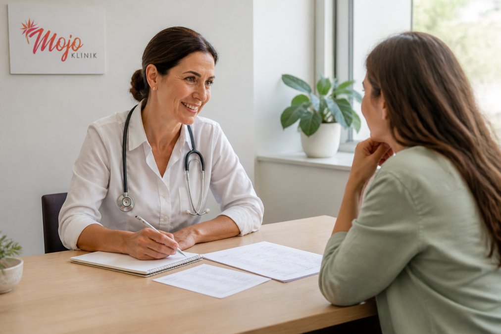 Doctor discussing test results with a patient during an integrative health consultation in a bright office.