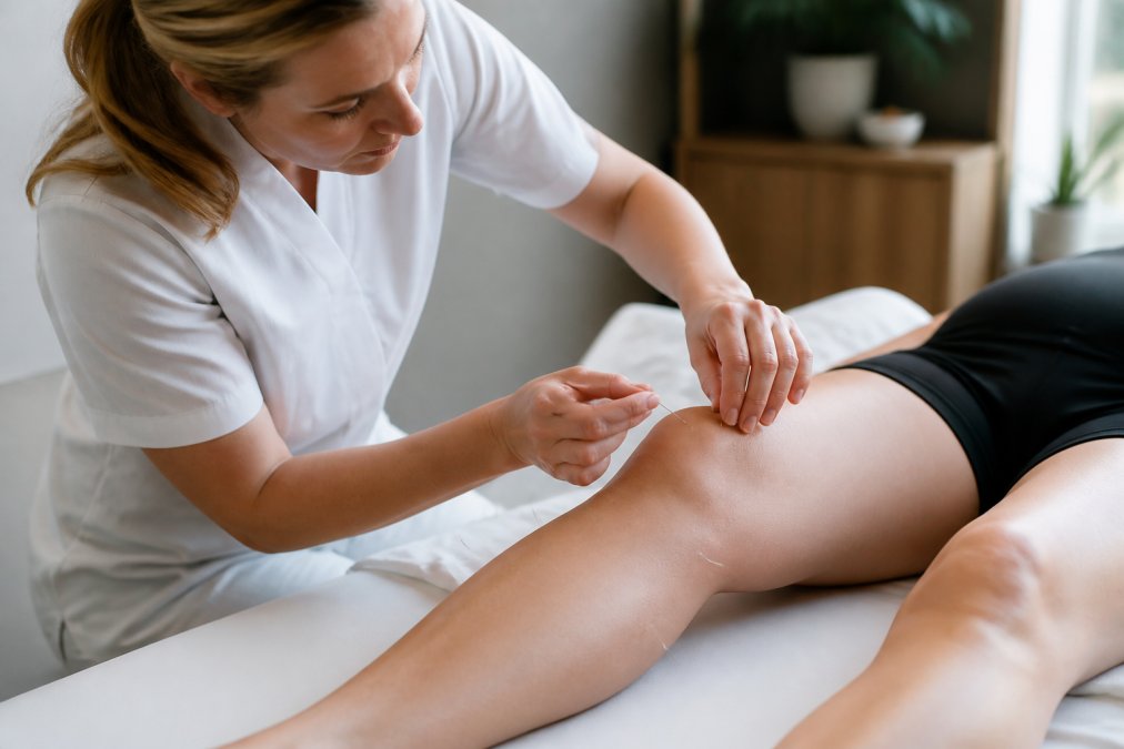 Healthcare practitioner performing acupuncture treatment on patient's knee in calm clinical treatment room with soft natural lighting