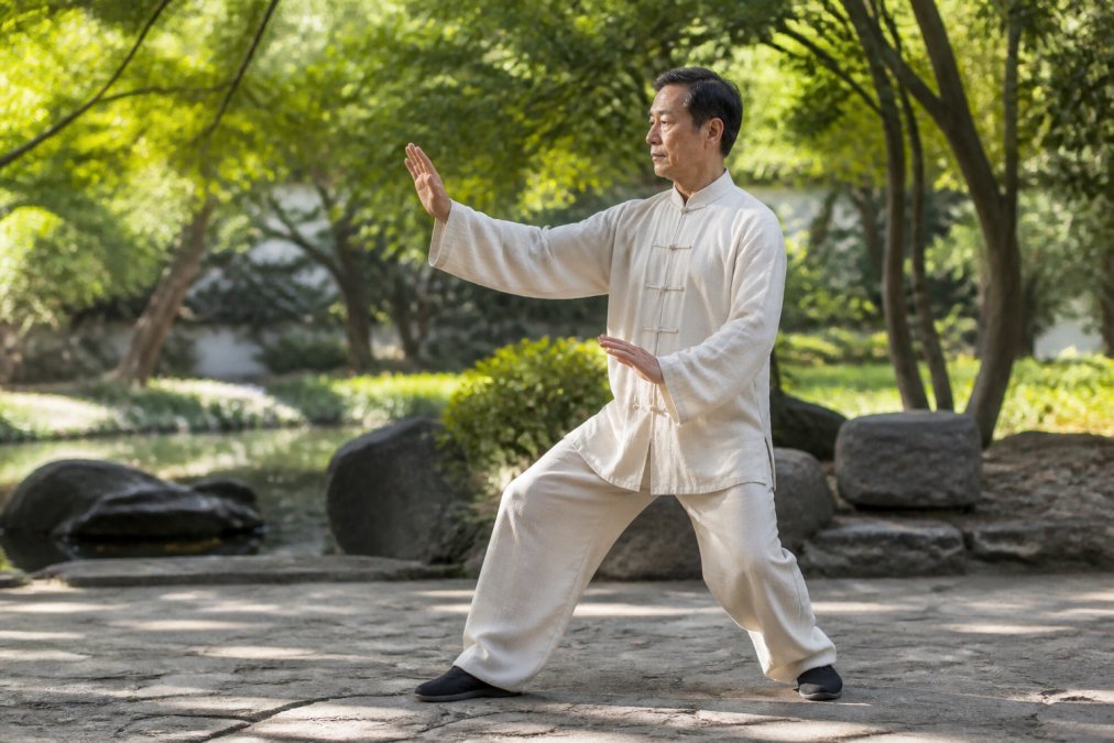 Mature adult in comfortable clothing performing tai chi in peaceful garden setting with soft natural morning light filtering through trees