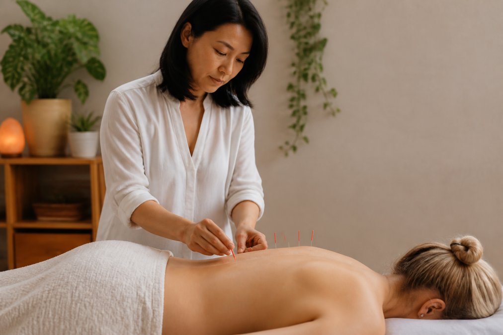 Acupuncture practitioner performing treatment on patient's back in serene clinical setting with soft warm lighting and potted plants visible in background
