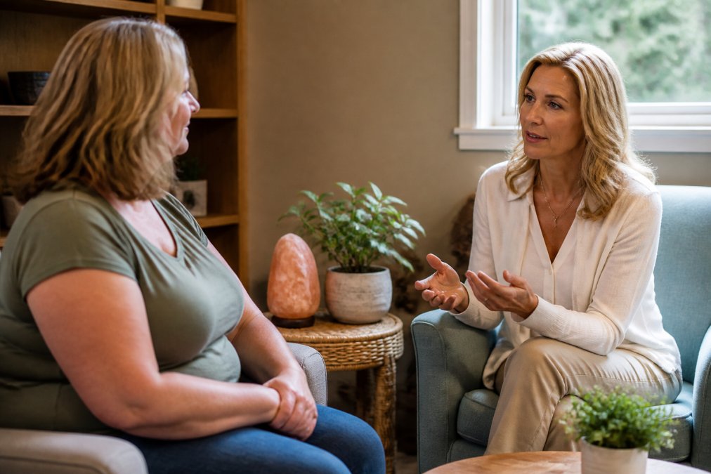 Practitioner discussing personalized treatment plan with patient in warm consultation room with natural window lighting and comfortable seating