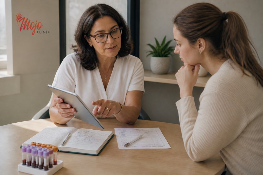 Doctor reviewing blood test results on a tablet with a patient to discuss a hormonal imbalance in a clinic.