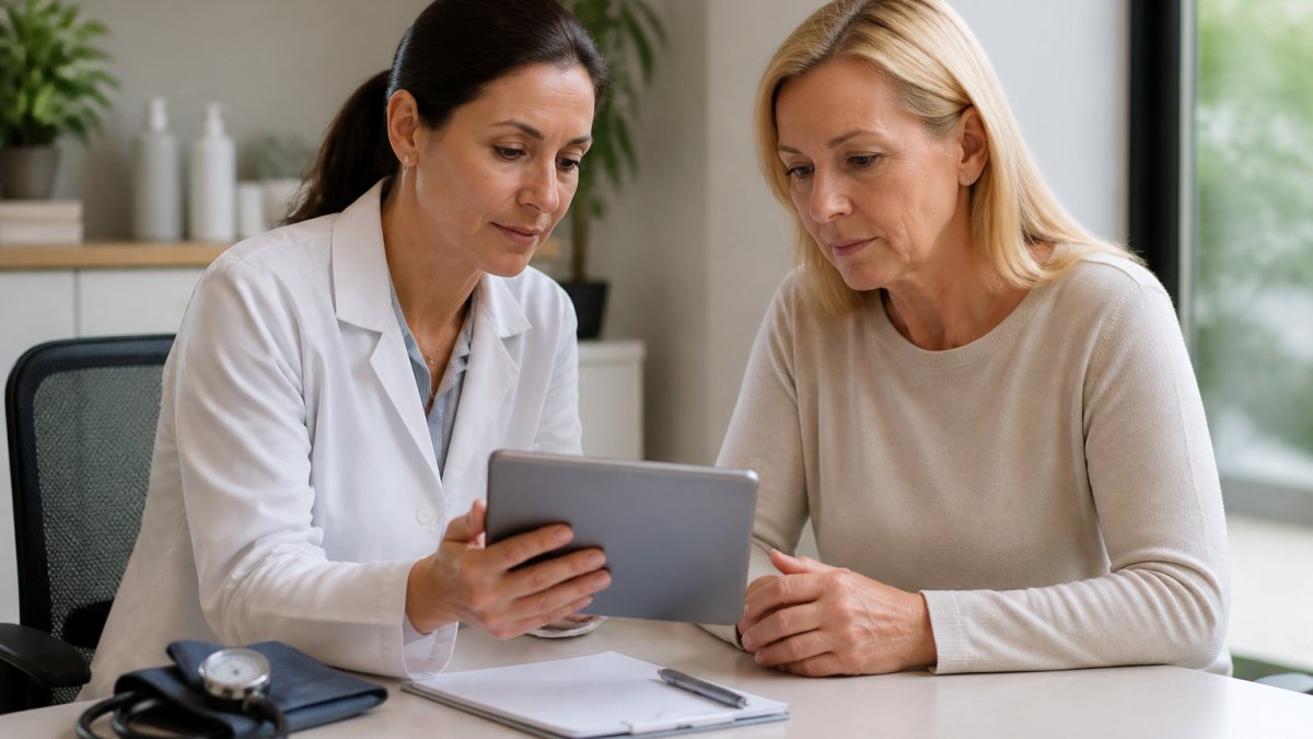 Clinician discussing lab results on a tablet with a patient during a hormonal imbalance consultation