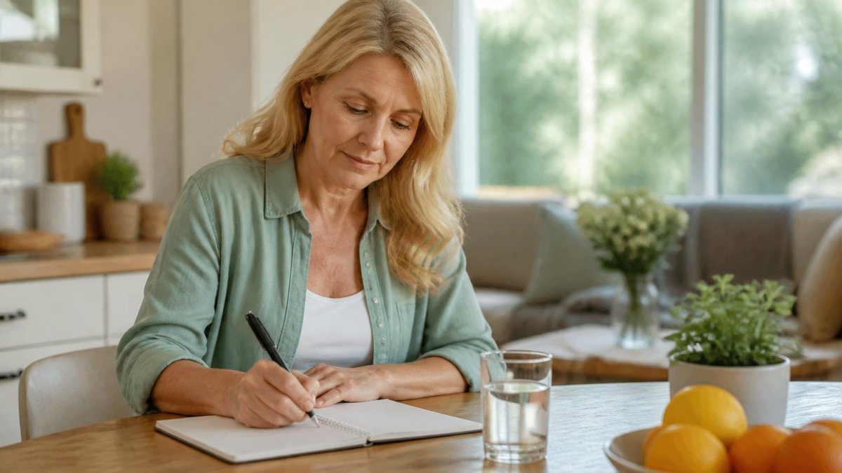 A step-by-step plan for managing menopause fatigue shown in a woman's morning routine at a kitchen table.