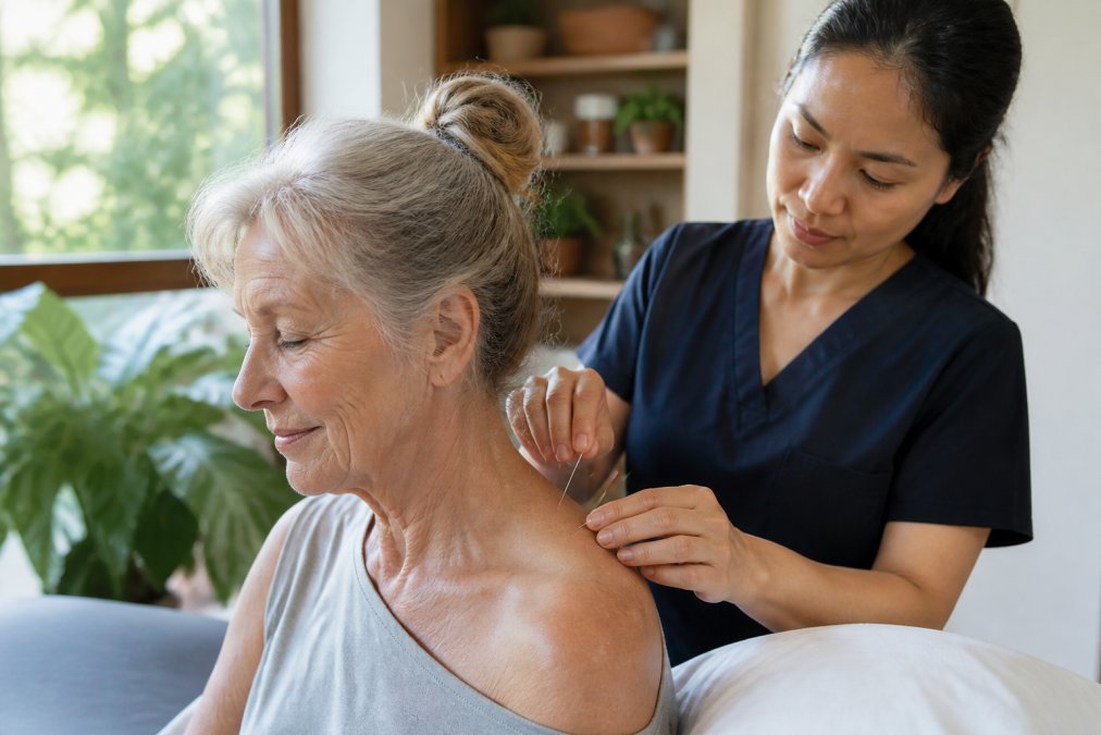 Senior woman receiving acupuncture treatment on her shoulder in a calm, sunlit wellness clinic, practitioner's hands placing fine needles with focused care