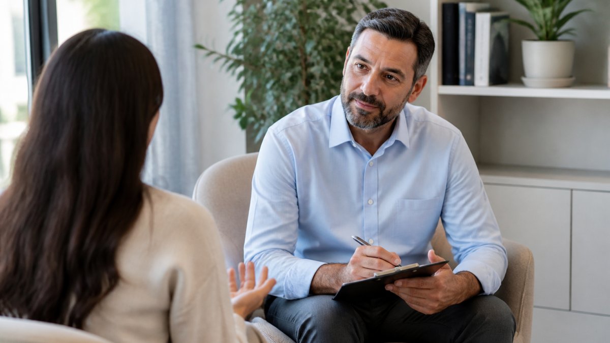 Professional psychiatrist in modern clinical setting consulting with patient during mental health appointment, showing active listening and compassionate care with natural office lighting