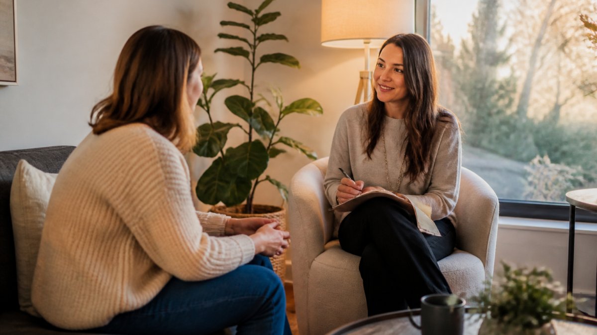 Therapist and patient in a warm, collaborative session for treatment-resistant anxiety in a modern clinic