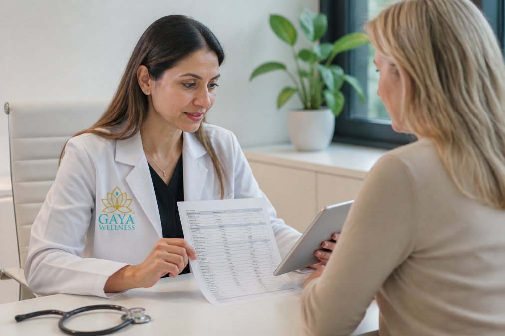 Healthcare provider's hands holding lab test results and tablet showing comprehensive health data while reviewing results with patient in modern clinical setting with soft natural lighting