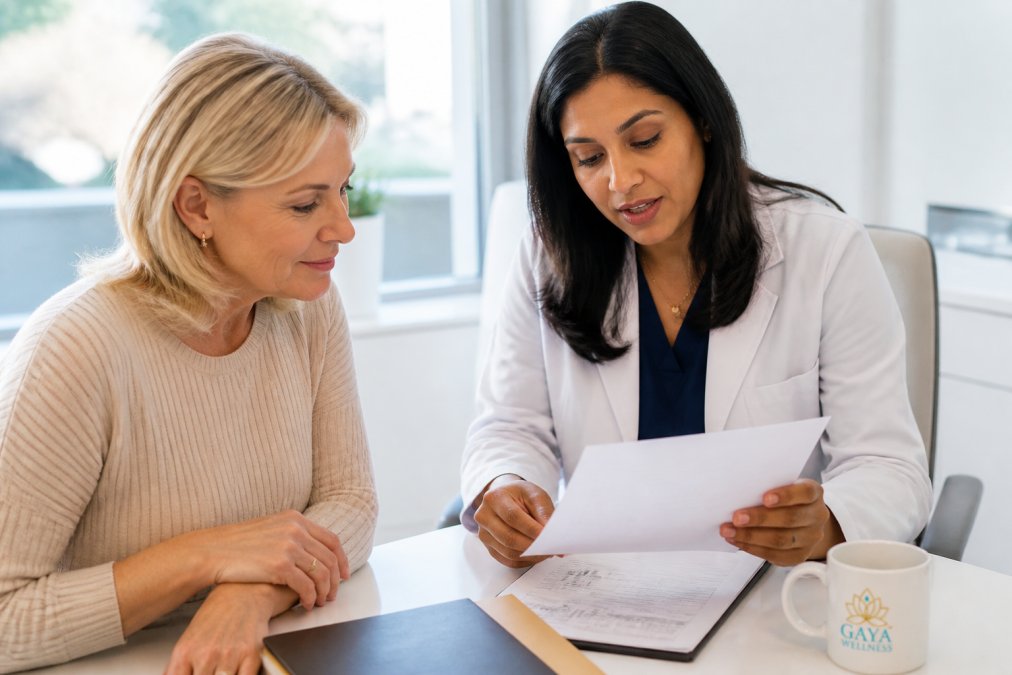 Woman in her 50s sitting across from healthcare provider in bright, modern medical office, reviewing lab results and health documents together during consultation, natural light from windows
