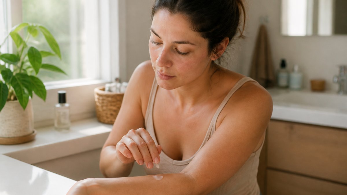 Close-up of a woman's face during a skin patch test, carefully applying a small amount of product to her inner arm with focused attention, natural daylight illuminating her skin