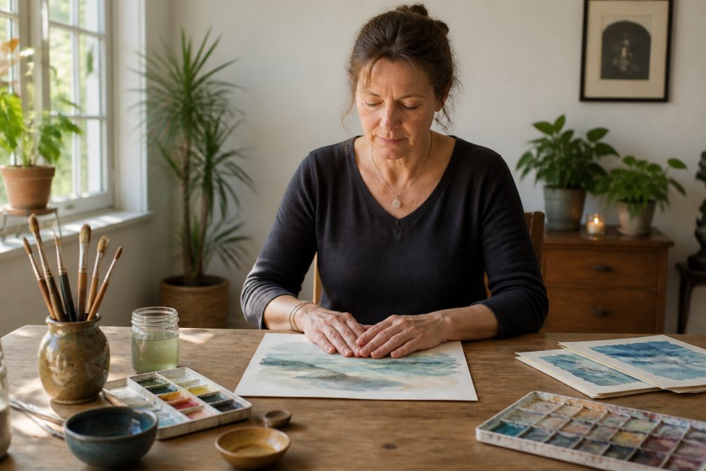 En person sidder ved et træbord med akvarelmaling, pensler og papir, hænderne hviler blidt mod papiret i et roligt, lyst rum med naturligt dagslys