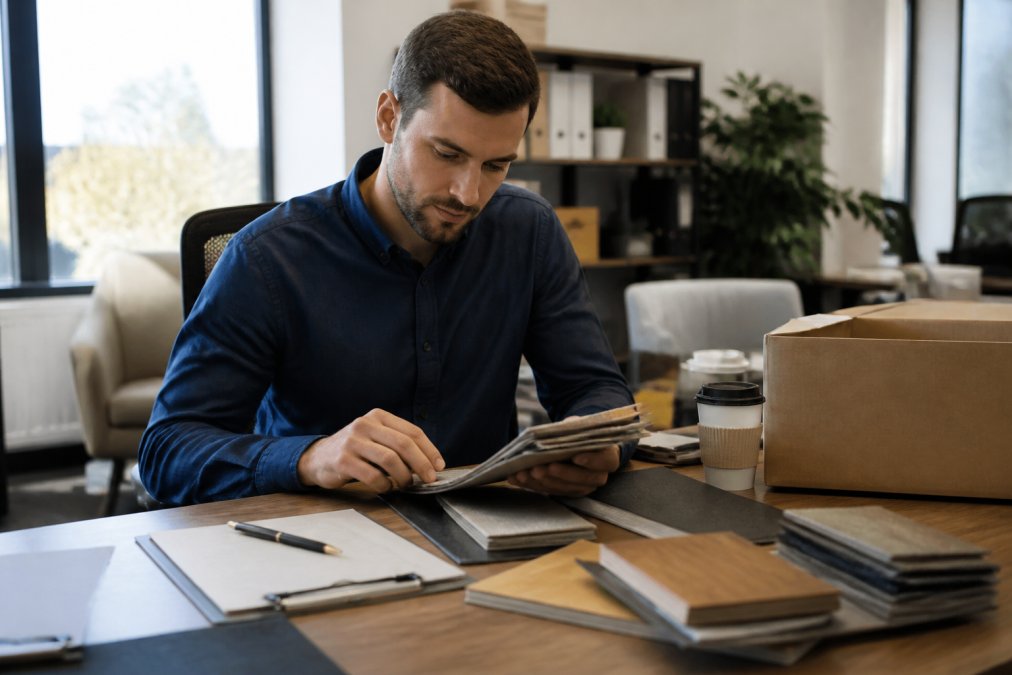 Startup founder reviewing supplier catalogs and product samples at a desk with laptop, organized notes, and coffee cup in bright office setting