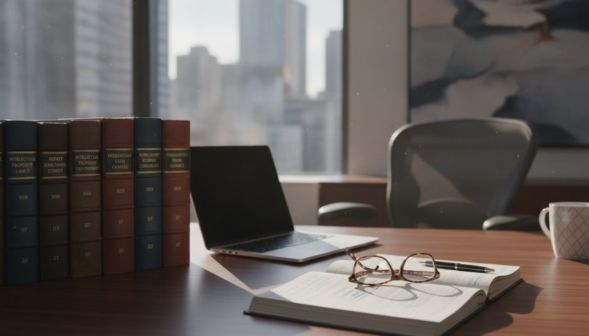 A professional attorney in a business suit reviewing legal documents at a mahogany desk surrounded by law books and an open laptop in a well-lit modern law office