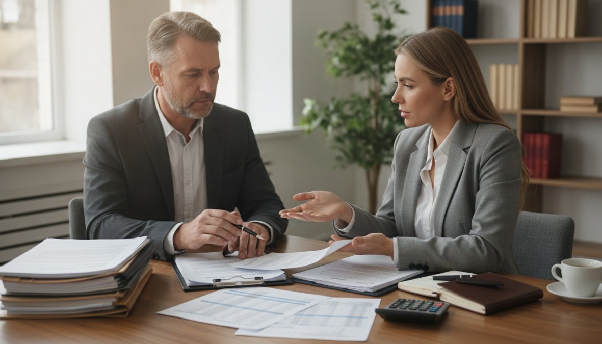 A small business owner and an attorney sitting across from each other at a glass conference table reviewing printed documents together in a bright, modern office with large windows