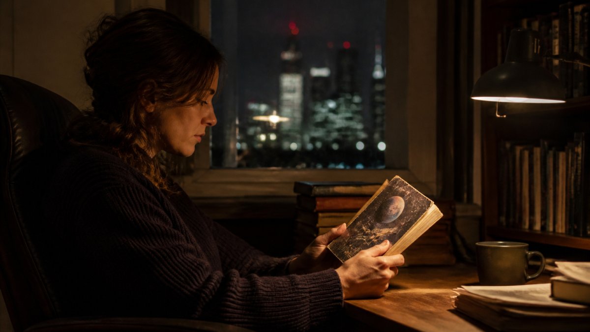 A reader in a dimly lit study, holding a worn paperback sci-fi novel, with a faint reflection of city lights on the window behind them