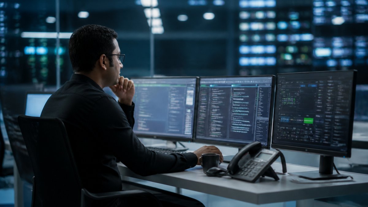 IT operations team member reviewing an automated security alert on a monitor in a modern SOC environment, with multiple screens displaying security dashboards and network data
