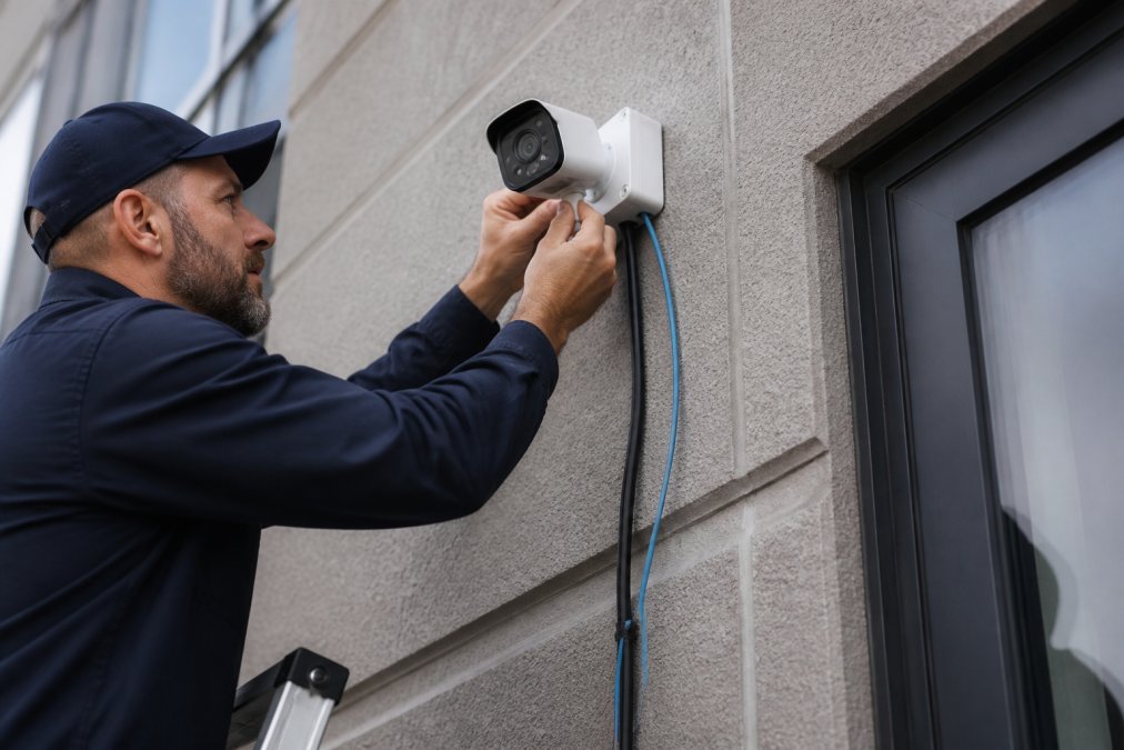 Security professional installing a modern AI-enabled camera on the exterior of a commercial building, with network cables and mounting hardware visible in daylight