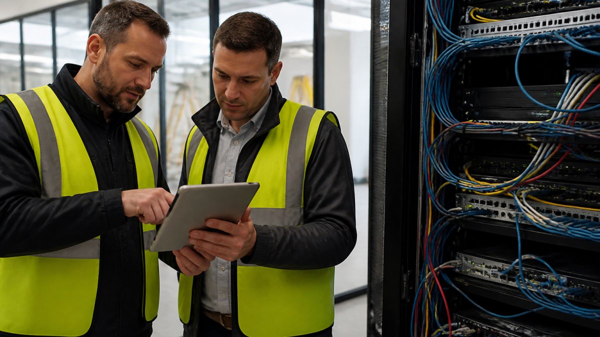 Two facility managers reviewing a network installation plan on a tablet inside a commercial office building, with cables and networking equipment visible in the background