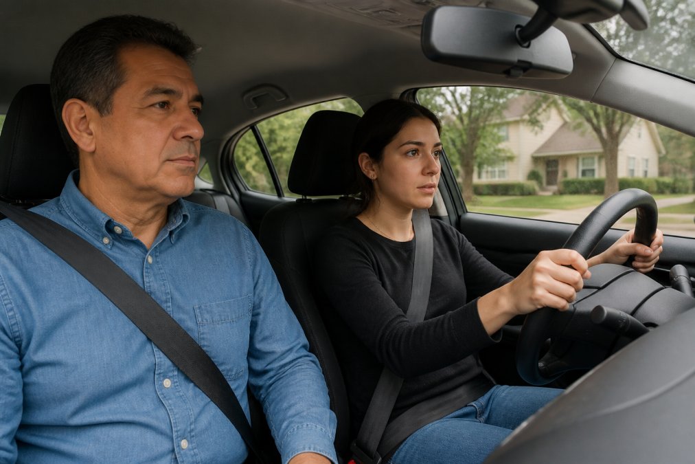 Professional DMV-certified driving instructor sitting calmly in the passenger seat of a car, looking attentively ahead at the road while a nervous beginner driver grips the steering wheel with focus during a daytime driving lesson on a quiet suburban street