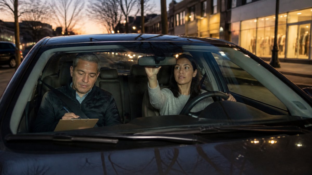 Driving instructor coaching a student during evening intensive driving courses on a busy city street.