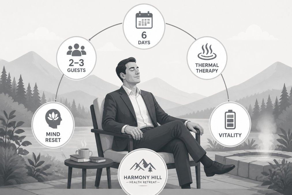 Professional in business attire sitting peacefully in a natural outdoor setting with mountains and forest in background, showing visible relaxation and mental clarity