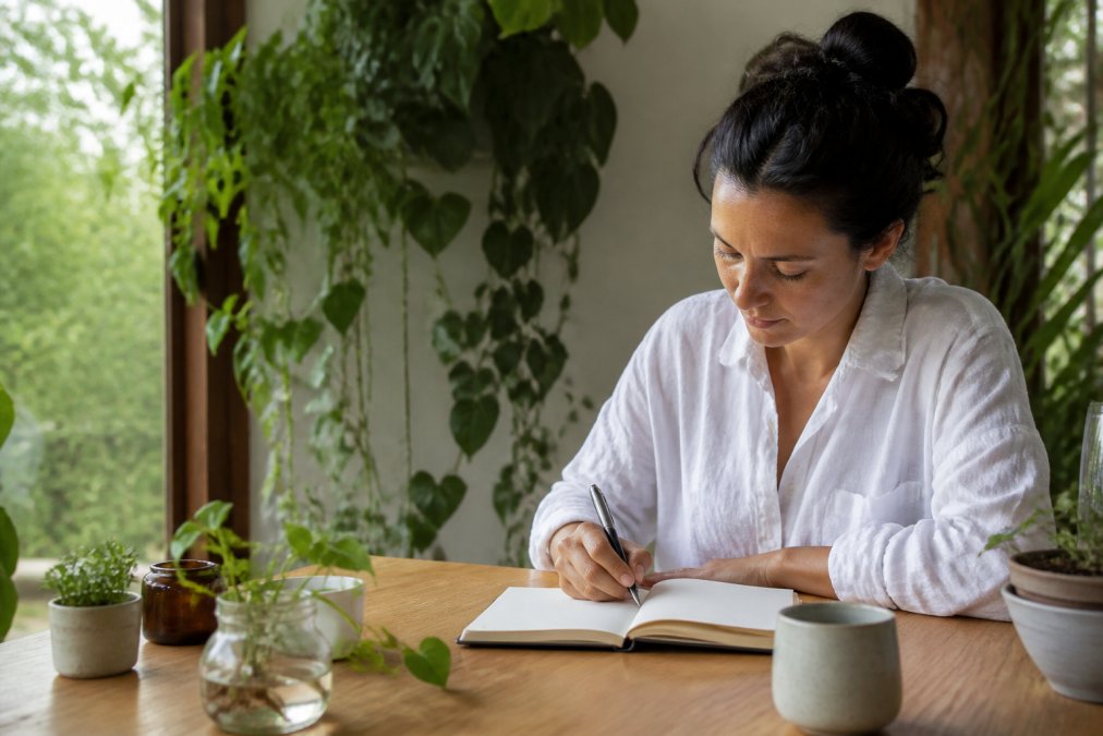 Person journaling or taking notes at a desk with plants and natural light, representing reflection and intentional habit-building after a retreat