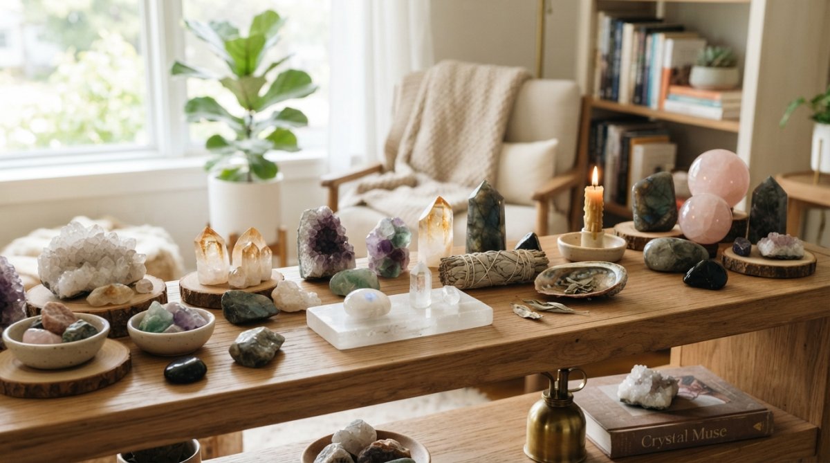 Crystals arranged on a wooden shelf with a selenite plate and smudge stick for intentional crystal care display.