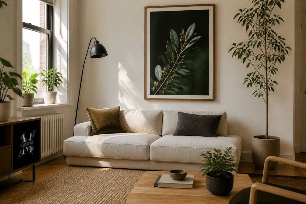 A calm, sunlit rented living room with a large framed botanical fine-art photograph above a low sofa, a leaning floor lamp, a textured area rug, and a few potted plants, showing how one intentional art piece anchors a rental space without any permanent changes