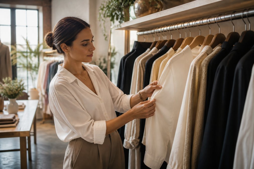 Woman examining the quality of premium apparel on a curated clothing rack in a sunlit boutique