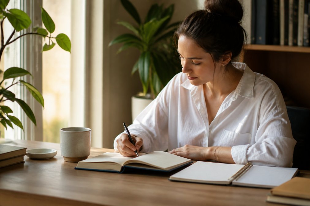 Professional sitting at desk in soft morning light with coffee, journal, and planner visible, looking calm and focused before the workday begins
