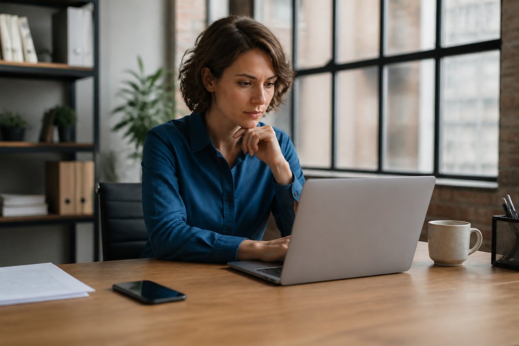 Professional at laptop with phone face-down on desk, showing focused work environment with no notifications visible on screen