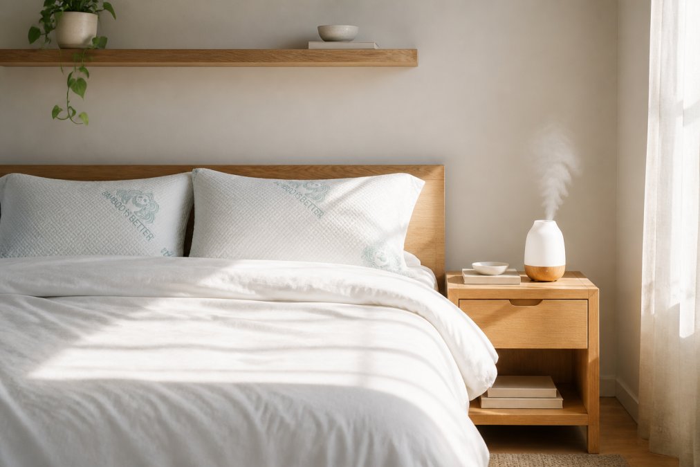 A calm, uncluttered bedroom with soft morning light, a neatly made bed with bamboo sheets, a small diffuser misting on the nightstand, and a single green plant on a wooden shelf, conveying a serene, intentional living space