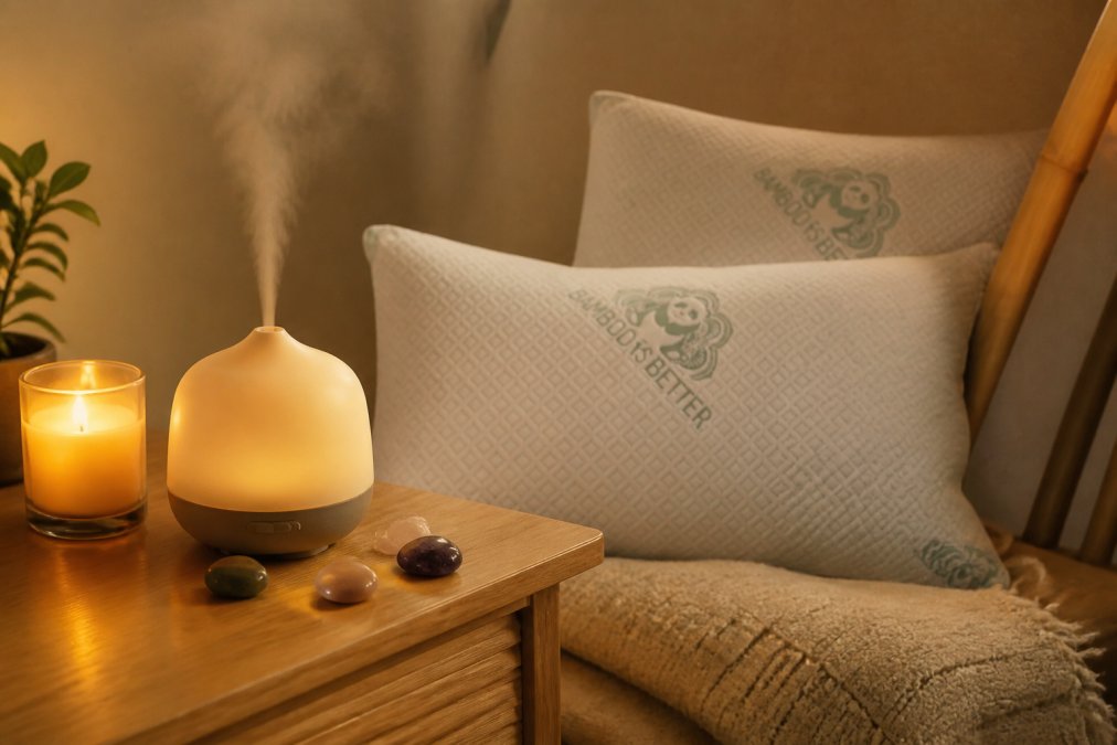 Close-up of a small ultrasonic diffuser misting on a wooden side table beside a lit candle, a few smooth crystal stones arranged nearby, and a folded bamboo lounge set visible in the background, warm, amber-toned home atmosphere with soft evening light
