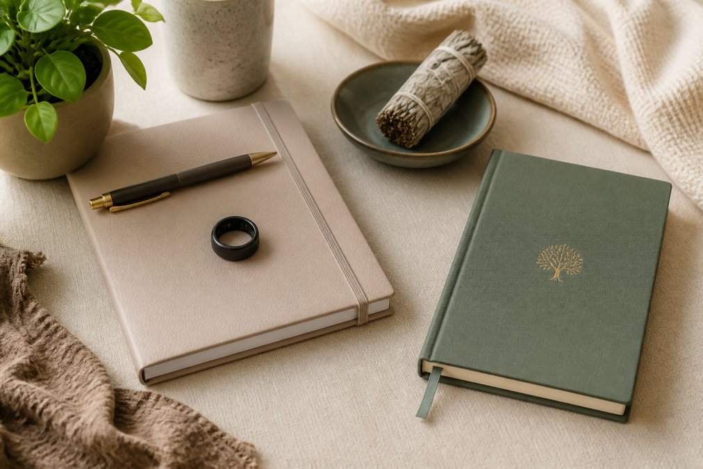 Flat lay arrangement of wellness products including journal, smart ring, meditation app displayed on phone screen, and gratitude journal on neutral background with soft natural lighting