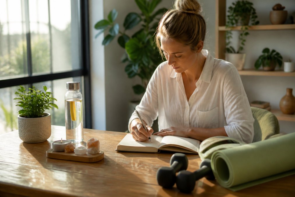 Person at home workspace with journal, water bottle, and wellness tools visible on desk during morning routine with natural window lighting and calm environment