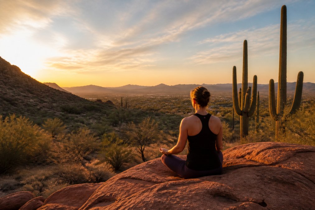 A solitary figure seated cross-legged on a red rock formation at golden hour, saguaro cacti silhouetted against a wide desert sky, warm light across the landscape