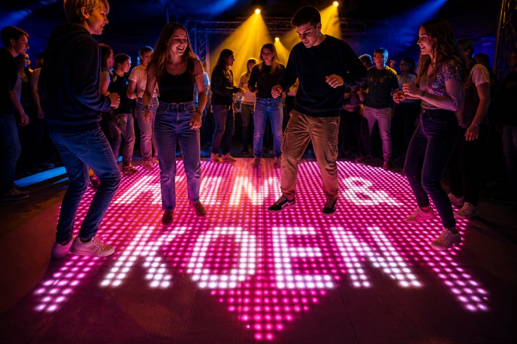 Groep jongeren dansend op kleurrijke LED dansvloer met dynamische lichtpatronen, interactieve effecten zichtbaar, energieke sfeer met warm geel en blauw licht