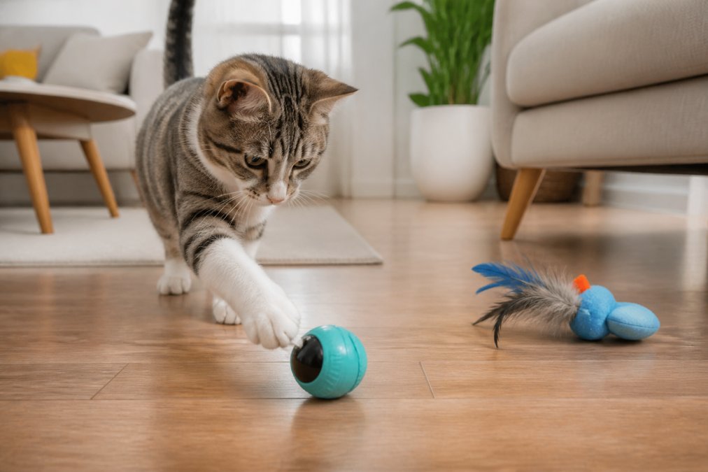 Curious cat batting at a self-rolling ball toy on a sunny hardwood floor with an electronic bird toy nearby
